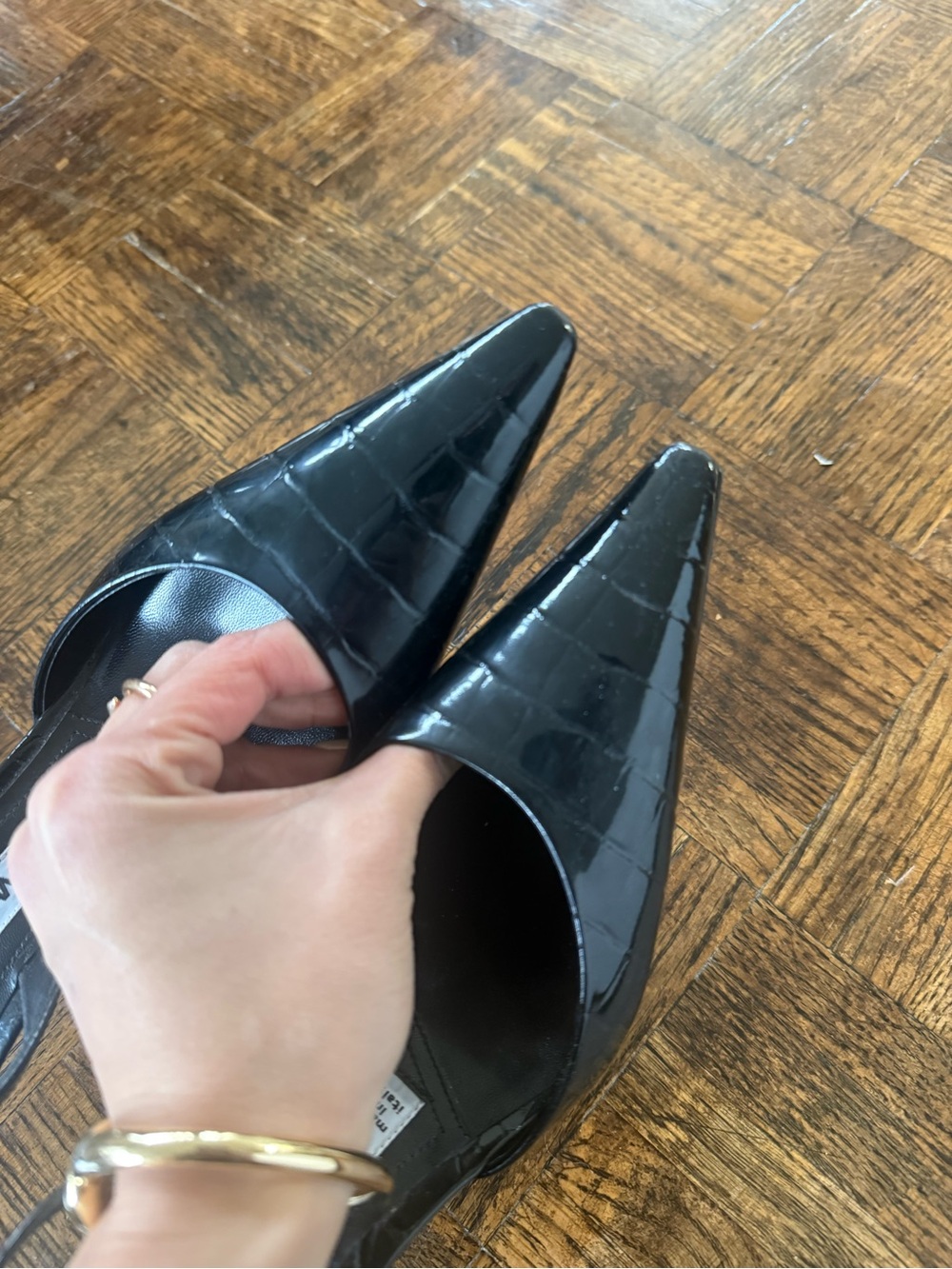 Alexander Wang Black Patent Croc-Embossed Slingback Heels with Crystal Strap - Picture 6 of 7